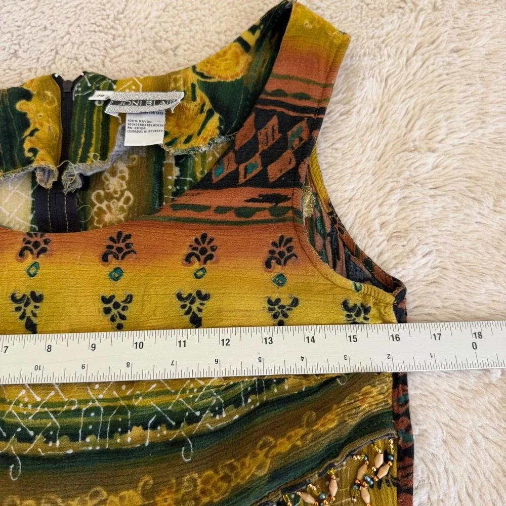 Earthy Boho Indie Grunge Tapestry Stripe‎ Midi Dress Green Rust Tank Beaded 90s